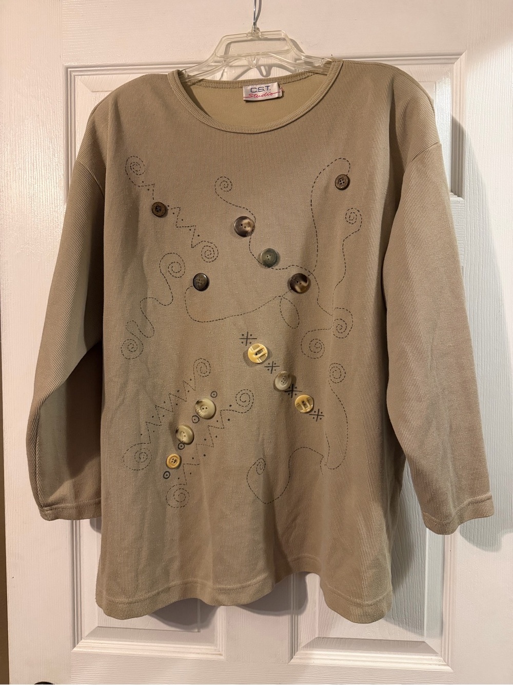 Vintage Embellished Button Sweatshirt in Khaki